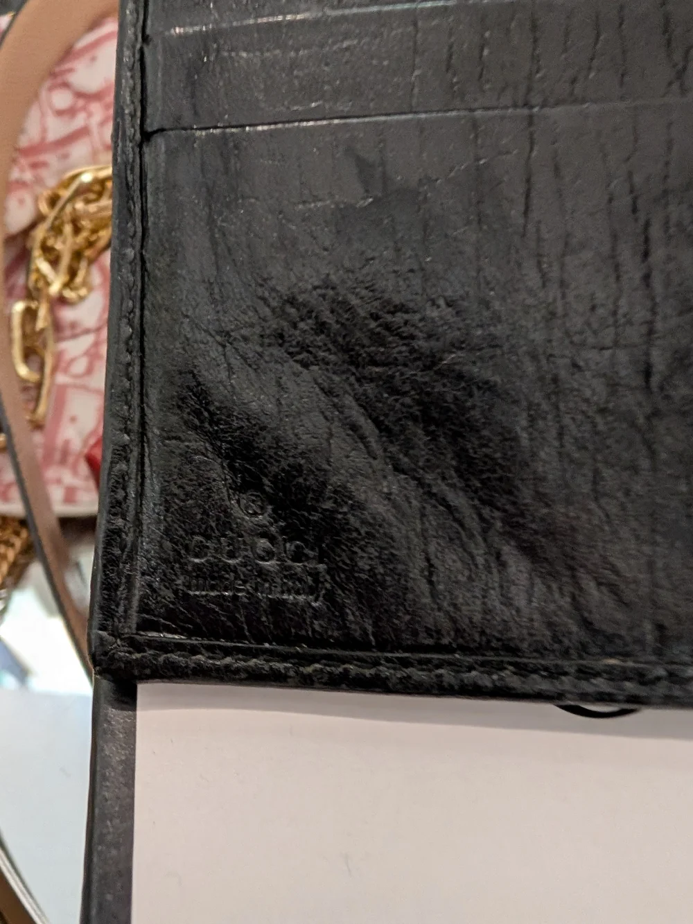 Gucci Beige Brown GG Canvas Wallet with Black Trim and Bamboo Accent